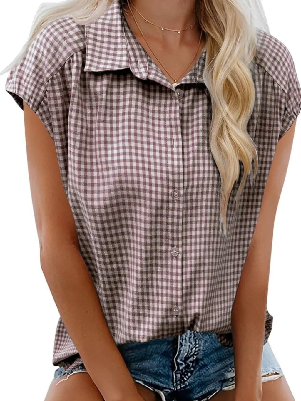 Plaid Button Up Cap Sleeve Shirt cf970937-87e8-42a1-800e-3b6945c61501-Max-Origin