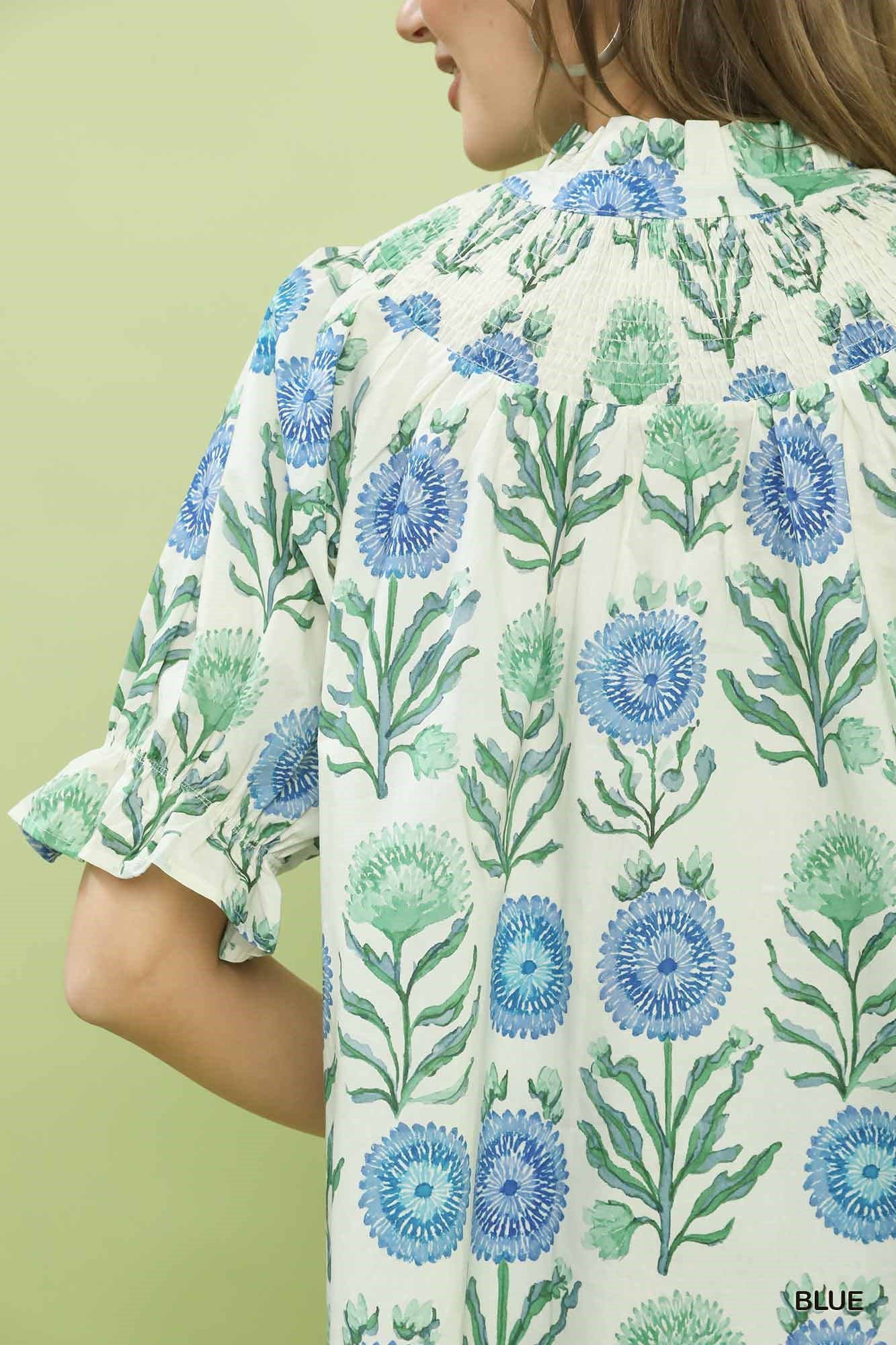 Umgee Floral Button-Front Short Sleeve Top cf9ae008-b278-4317-80fb-707e6af1bdec-Max