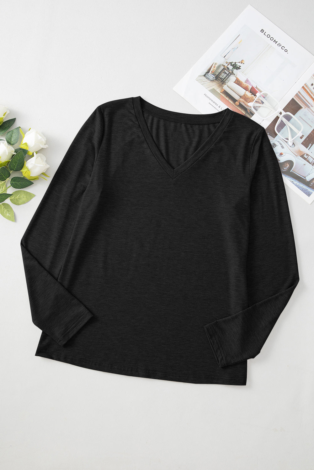 White Plain V Neck Long Sleeve Top cf9d571e84267ab4