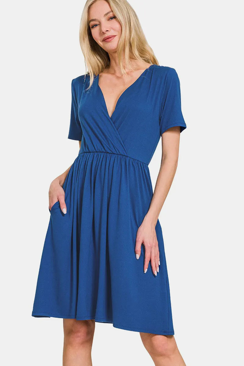 Zenana Surplice Short Sleeve Brushed DTY Dress Navy cfae2cd9-5dfb-48db-8a04-b9902d2c1b57-Max