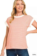 Zenana Striped Round Neck Short Sleeve Contrast Trim T-Shirt CORAL cfb3f5efd7c84d70aef93925bc35485c-Max-Origin