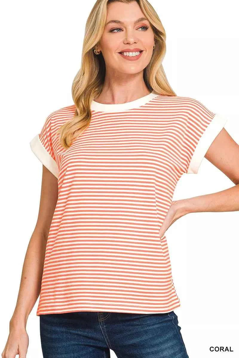 Zenana Striped Round Neck Short Sleeve Contrast Trim T-Shirt CORAL cfb3f5efd7c84d70aef93925bc35485c-Max-Origin