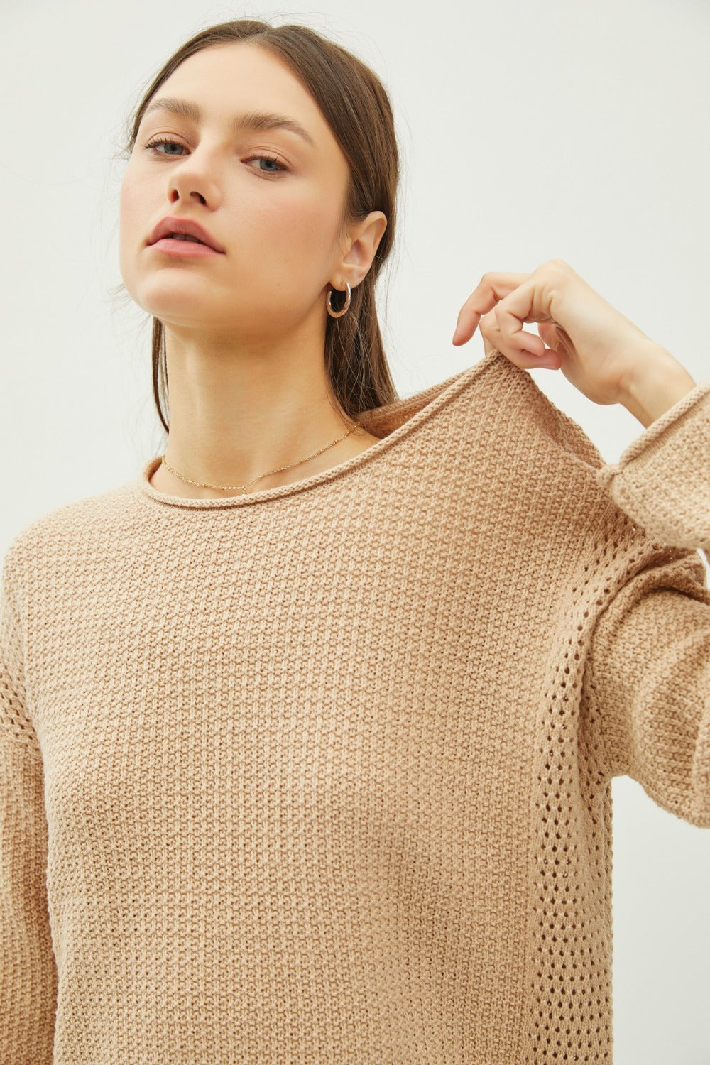 Be Cool Rolled Openwork Round Neck Sweater