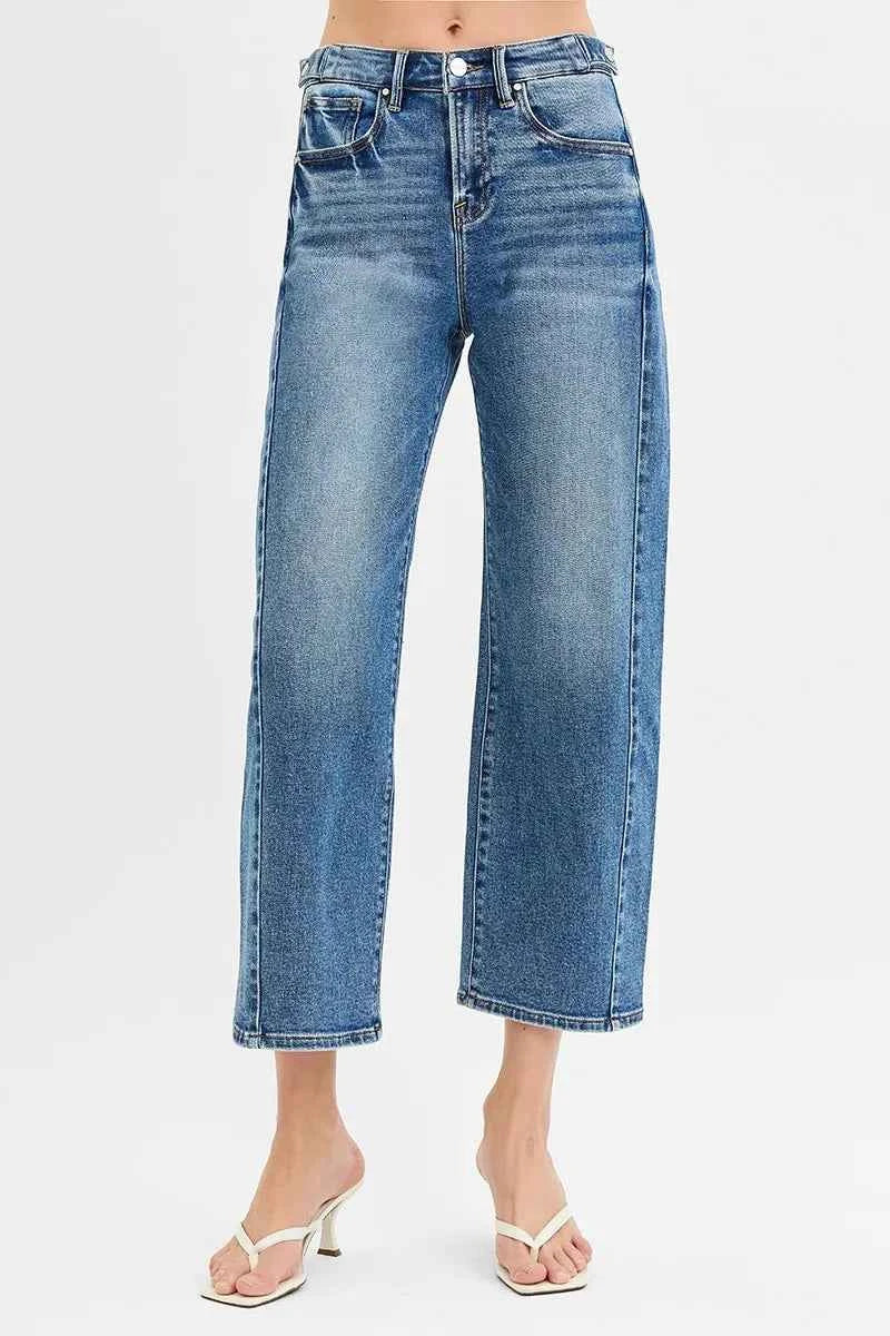 RISEN High Rise Crop Length Barrel Adjustable Waist Band Jeans DARK cfb77479ebfa4a96977e13867464e9cb-Max-Origin