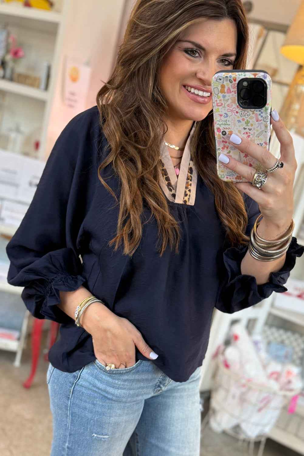 Navy Blue Contrast Leopard Patchwork Collar Plus Size Long Flounce Sleeve Blouse cfb897dfa6b5eb31