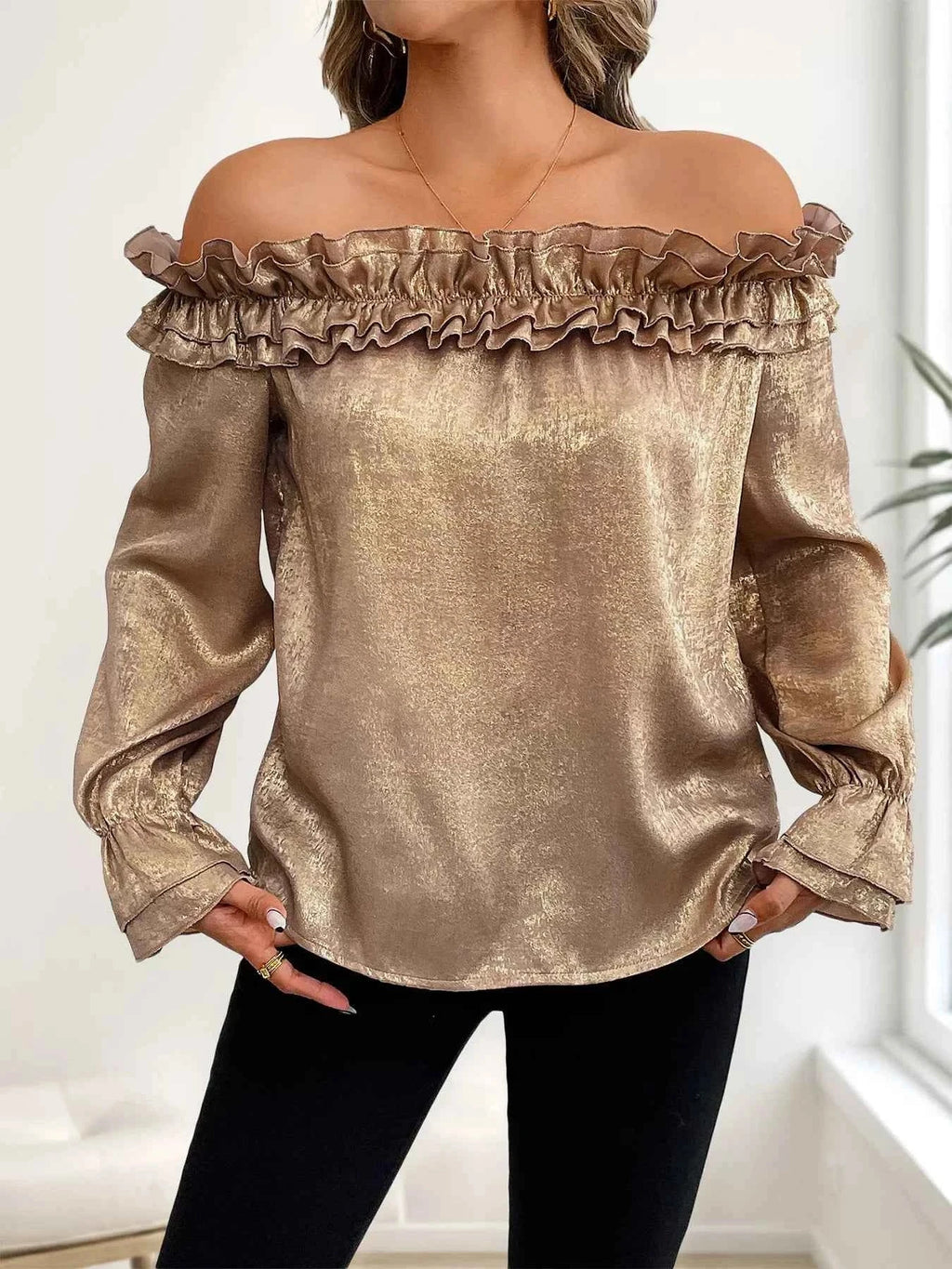 Ruffled Off-Shoulder Flounce Sleeve Blouse Gold cfc3c1f5c67f4a50836be7d18c885685-Max-Origin