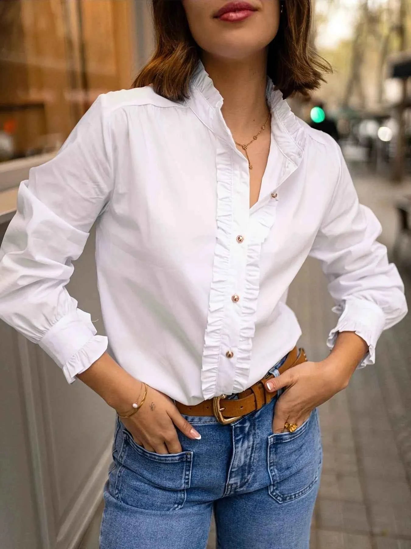 Frill Button Down Long Sleeve Shirt White cfc511f29f81470e8b8b13fd9eec78de-Max-Origin