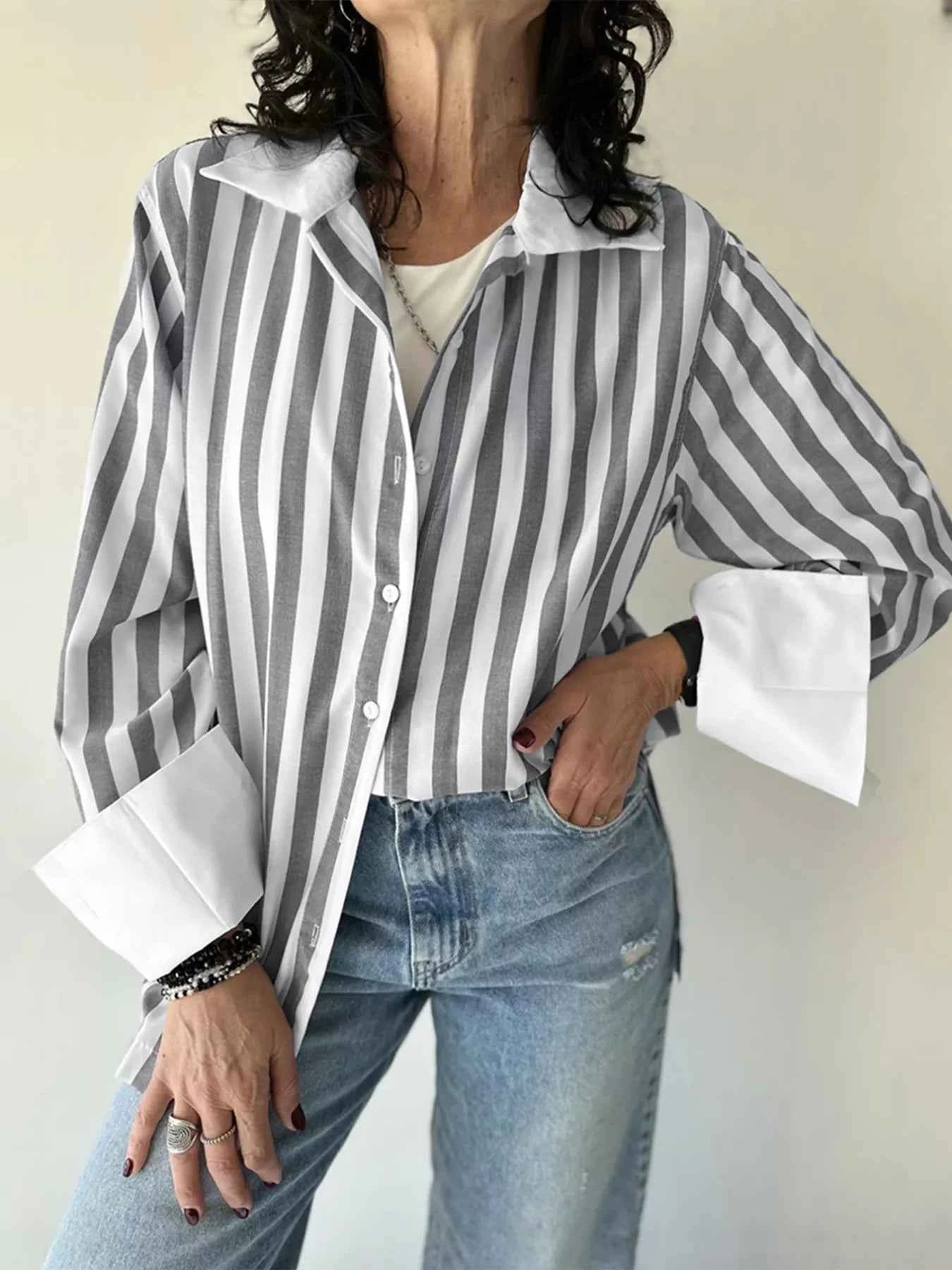 Striped Oversized Button-Up Shirt Gray cfc54e40-e154-4aab-aff0-5484d86f7491-Max-Origin