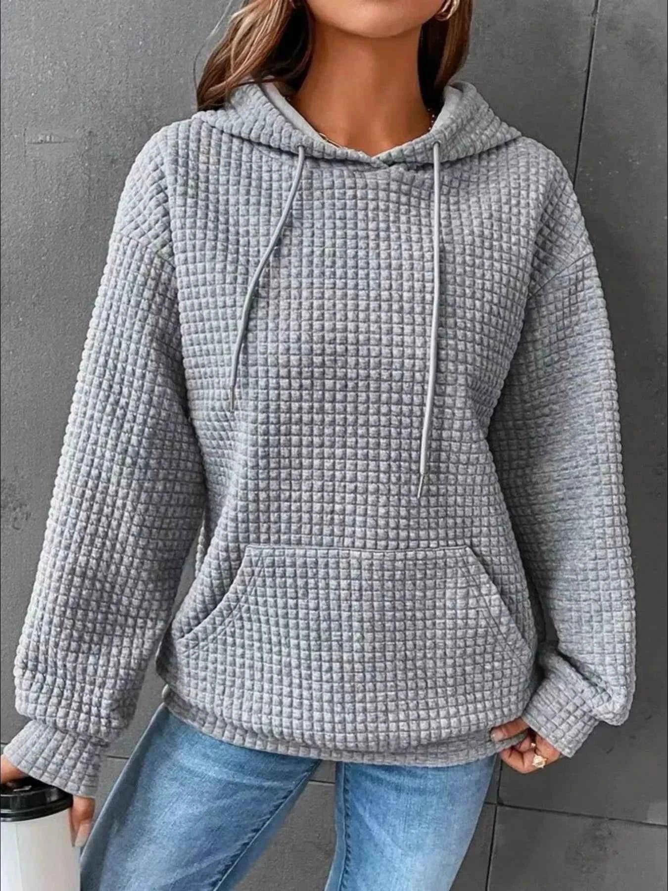 Waffle Knit Hoodie with Drawstring Details Gray cfc6f5e8-806f-40b8-80ec-b3c7099a5417-Max-Origin