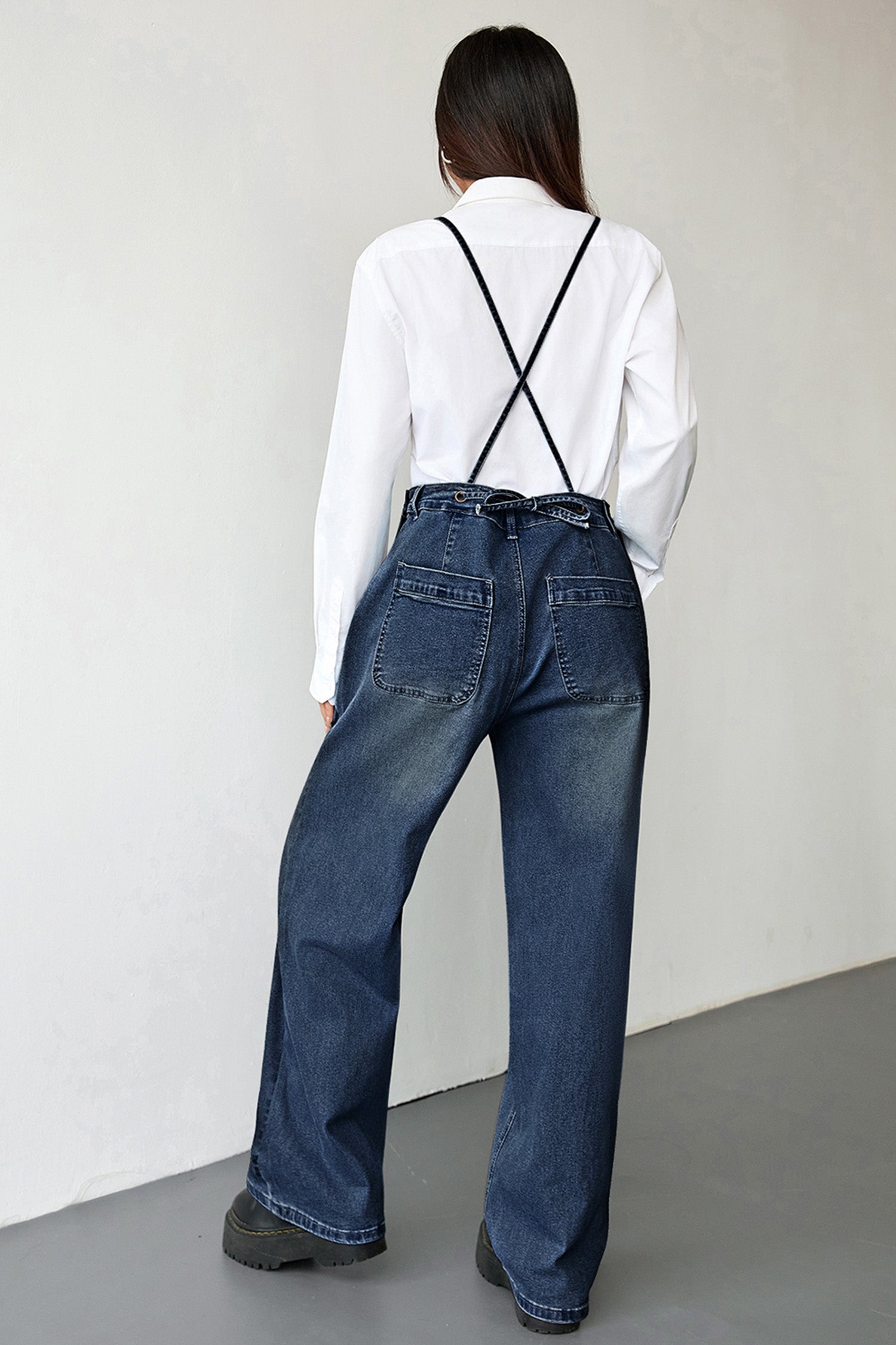 Dark Blue Crossed Tie Straps Bib Pocket Loose Denim Overalls cfcb44d1dfeaecce