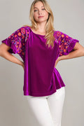 Umgee Full Size Velvet Embroidery Short Sleeve Blouse Violet cfcc42e7-e8d6-48d6-a6ee-fe48706fe0b0-Max