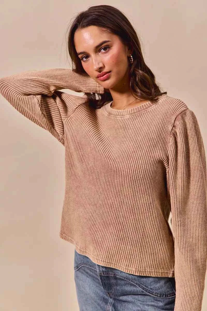 SO ME Mineral Washed Waffle Top With Puff Sleeves cfcc682e-4f34-427b-b251-cfc8f65feff5-Max-Origin