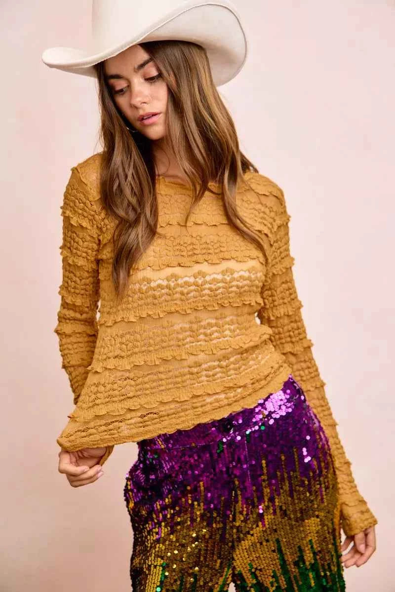 Ruffles Detail Mardi Gras Color Flower Lace Top cfcc6e23a92e4017a604da44b3d75abd-Max-Origin