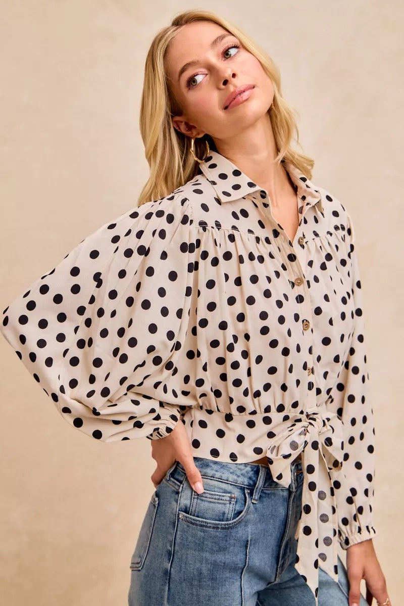 BiBi Polka Dot Print Tie Hem Detail Crop Shirt cfd0e68cfef04548a700f43056374f25-Max-Origin