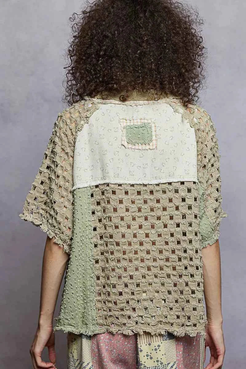 POL Button Down V-Neck Jacket with Printed Woven Patchwork cfd0ec86-5b73-4b20-addc-2fedece4791b-Max-Origin