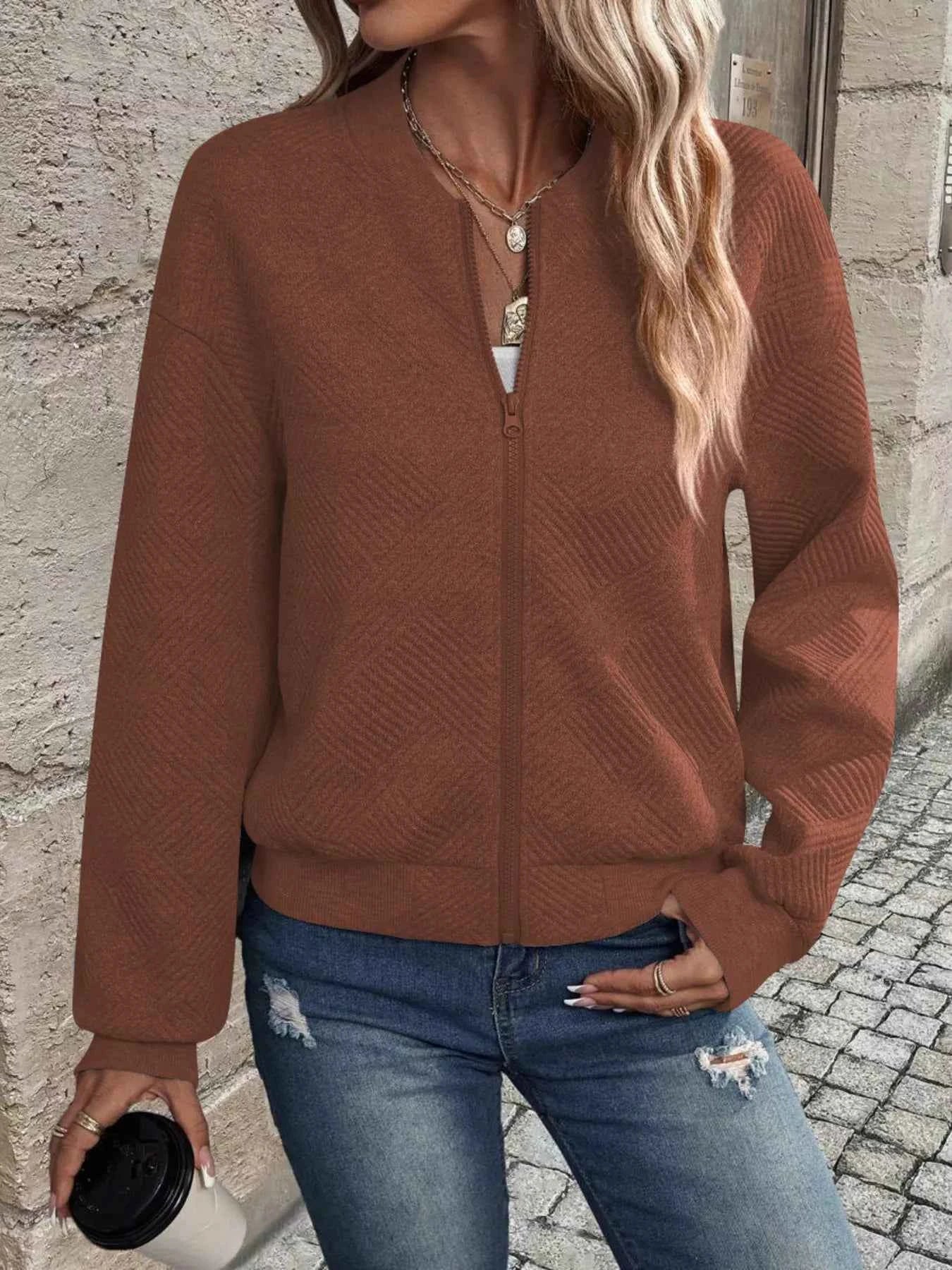 Zip-Up Textured Long Sleeve Jacket cfd245d67b4d49529d9f10e7fdd7a9e0-Max-Origin