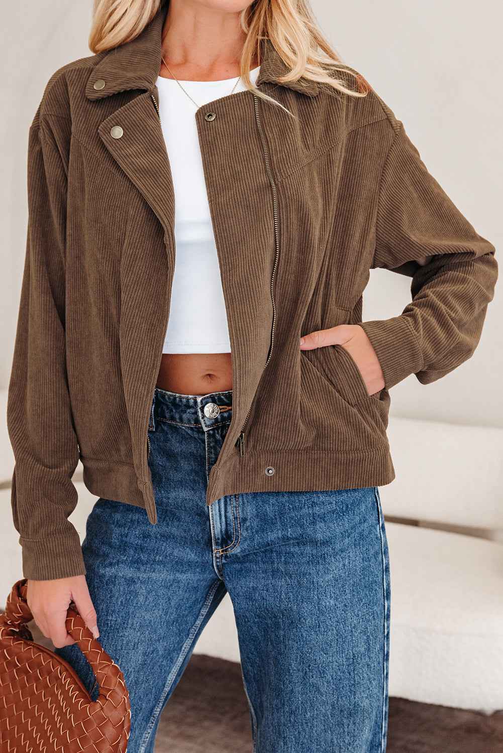 Dark Khaki Button Zip Up Lapel Collar Corduroy Jacket Dark Khaki 100%Polyester cfd340241b8e579d