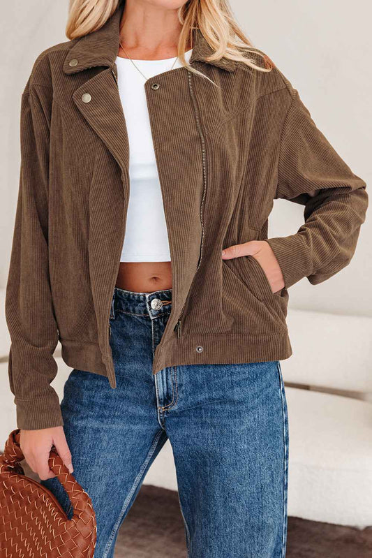 Dark Khaki Button Zip Up Lapel Collar Corduroy Jacket Dark Khaki 100%Polyester cfd340241b8e579d