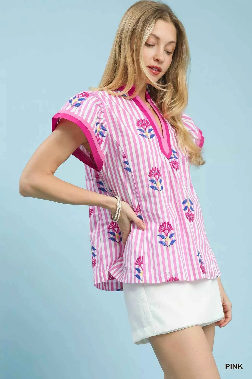 Umgee Embroidered Striped Flutter Sleeve Top cfd4693e-aa7f-4a97-bbdc-42f156ab9fa3-Max-Origin