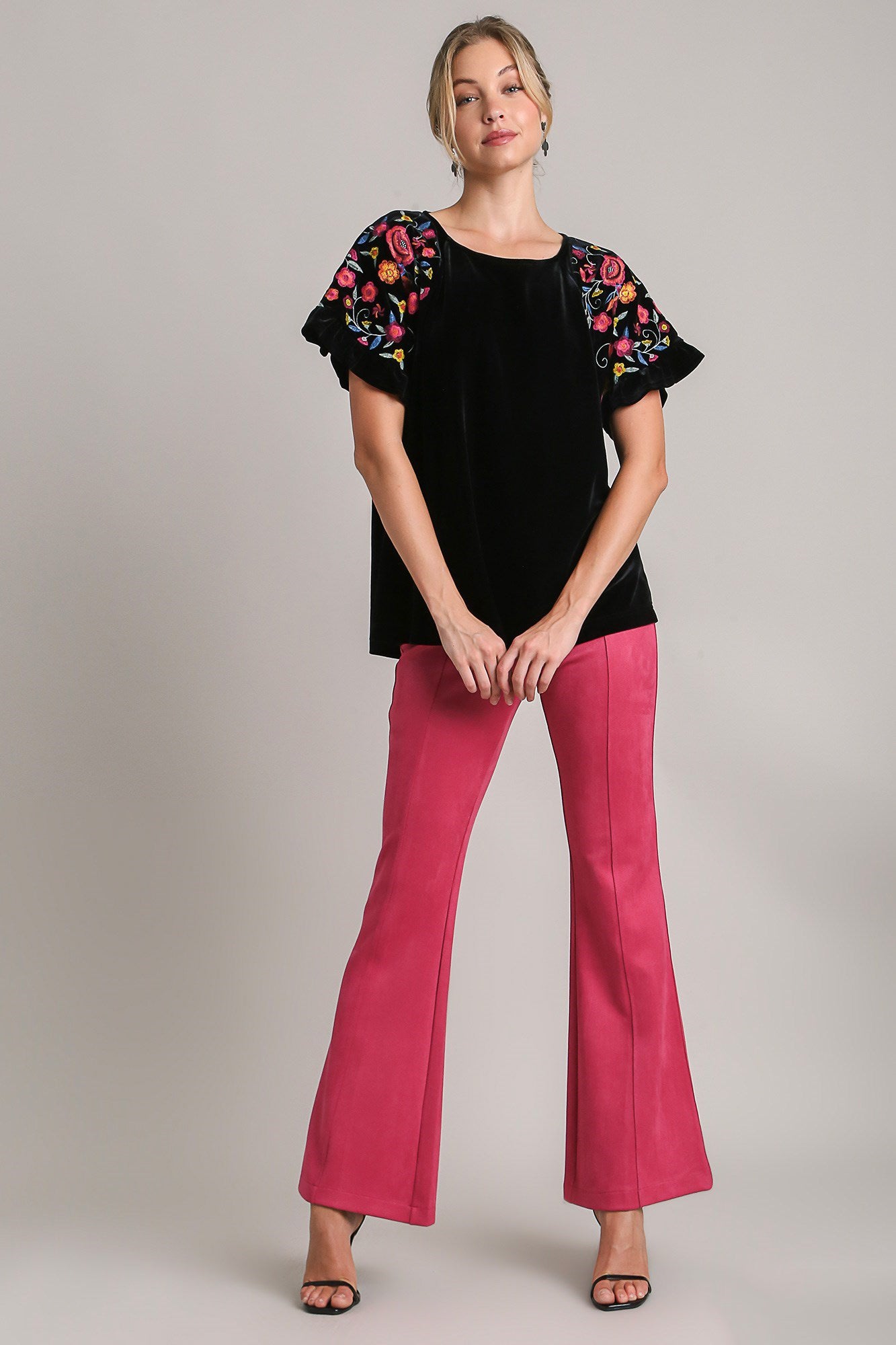 Umgee Full Size Velvet Embroidery Short Sleeve Blouse