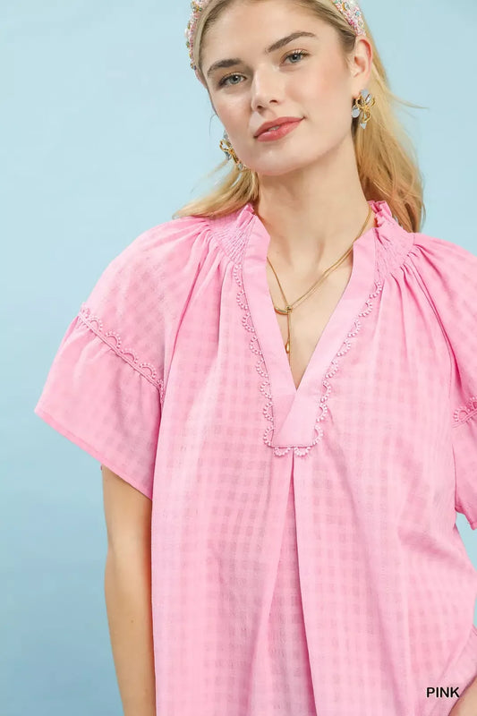Gingham Puff Sleeve Top with Lace Trim cfd74f77-2941-45e3-8bc7-6109b585b942-Max-Origin