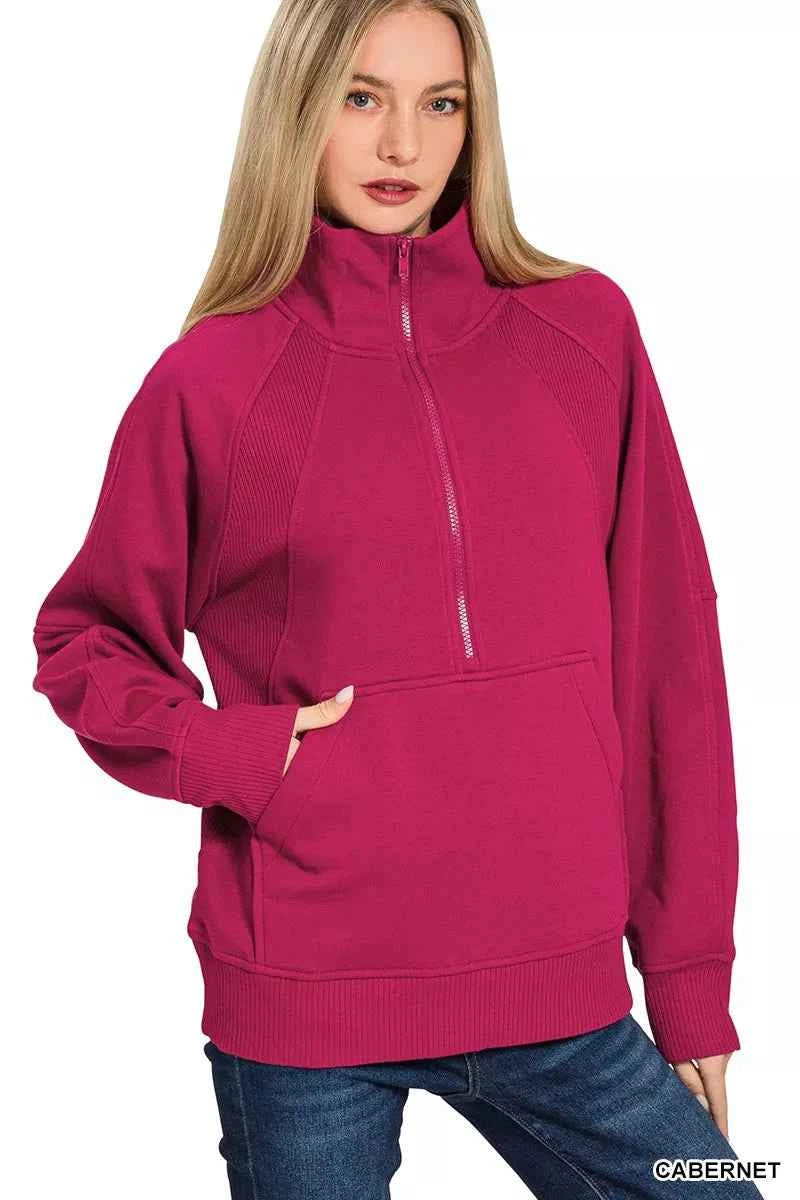 Zenana Half Zip Fleece Sweatshirt with kangaroo Pocket CABERNET cfdcd59ca44b40edb2a31dda7b2bb1d9-Max-Origin