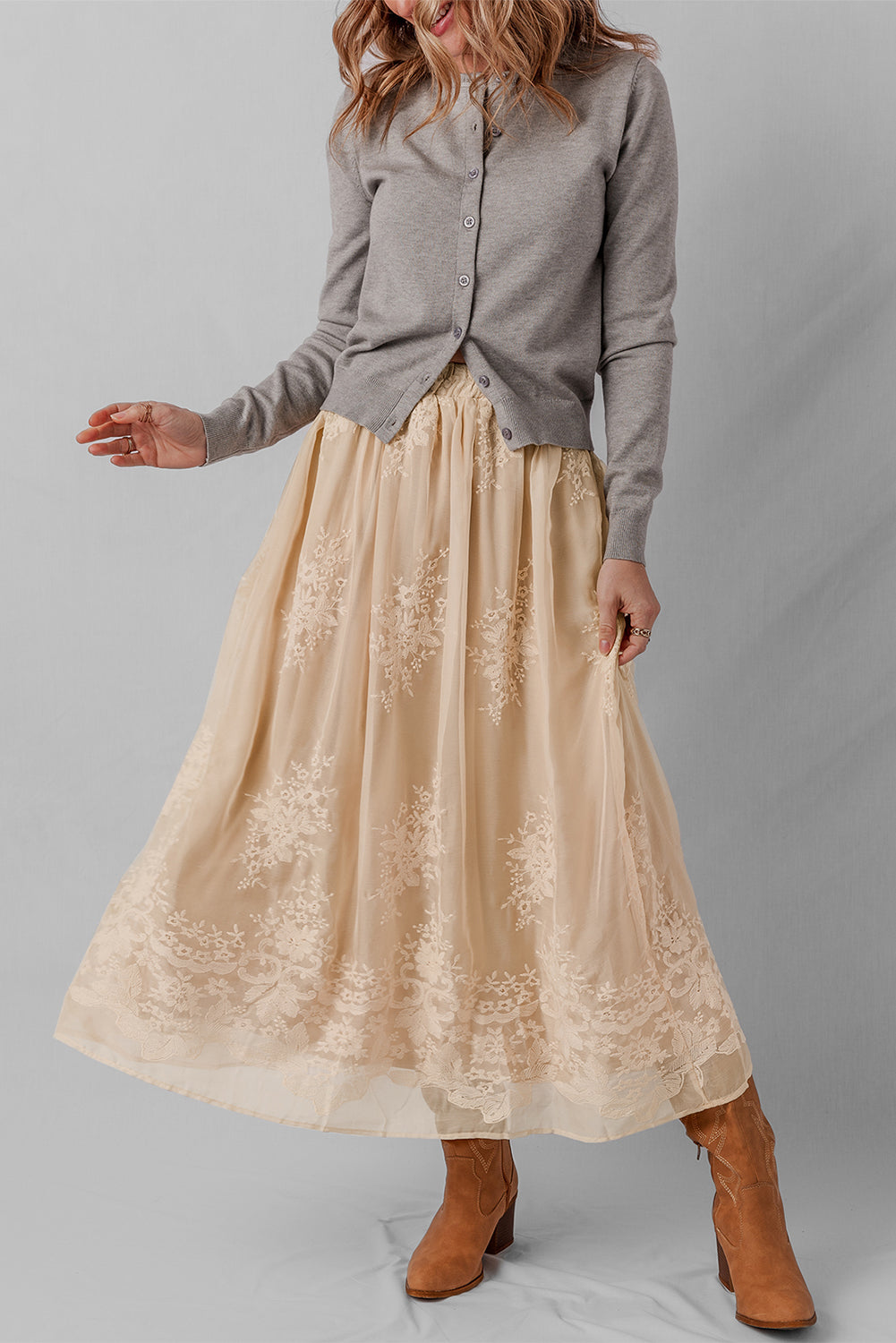Oatmeal Embroidered Mesh Overlay Flowy Long Skirt cfde9de7254dc9fb