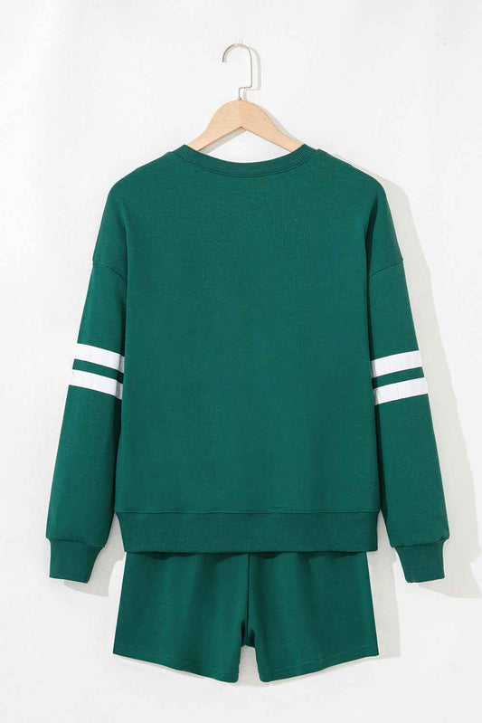 Evergreen Varsity Striped Sleeve Drop Shoulder Sweatshirt and Shorts Set cfe596ee746aa9af