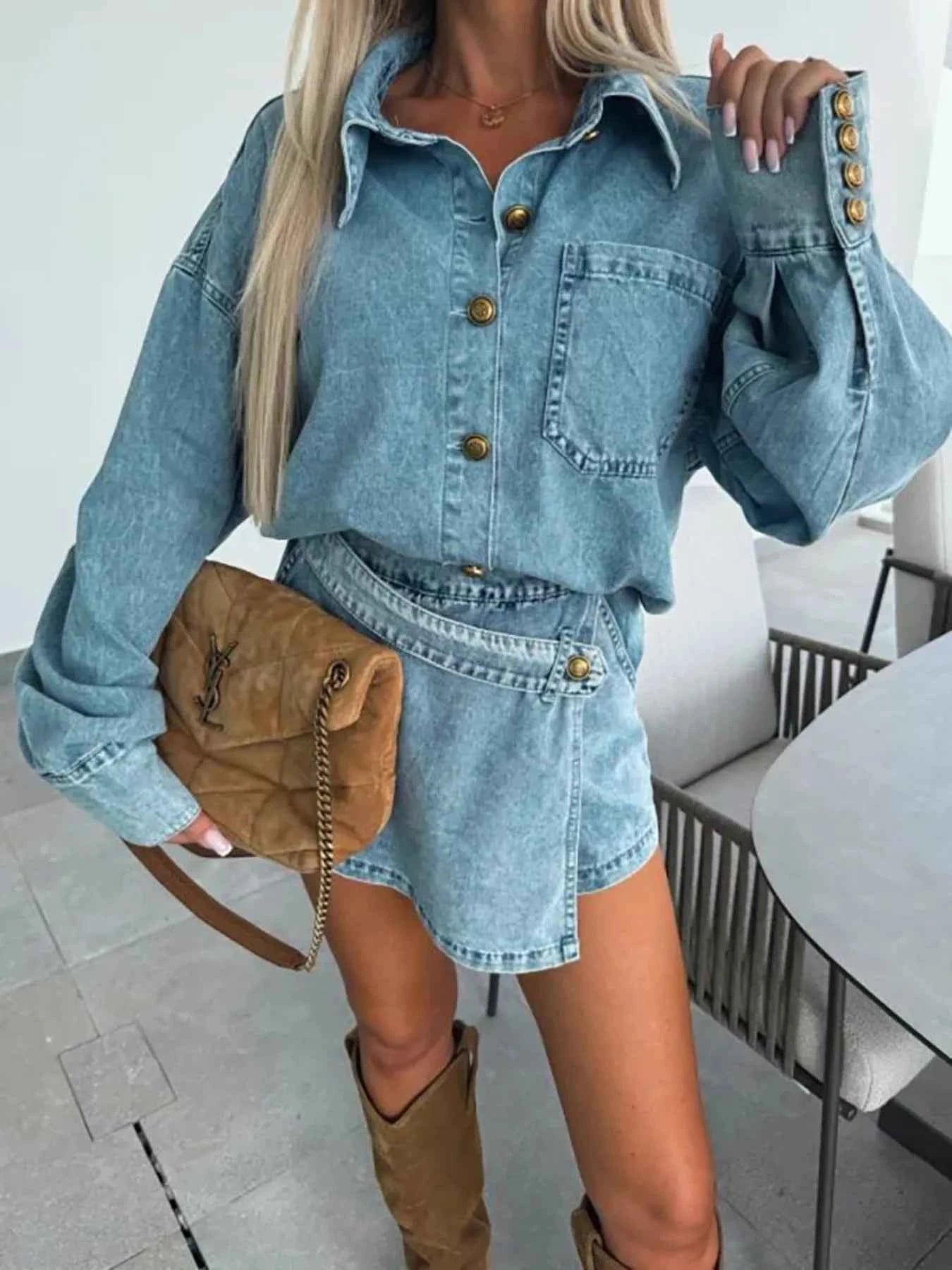 Button-Front Shirt and Mini Skirt Oversized Denim Set Medium cff15698038f4866b5ff909050902808-Max-Origin