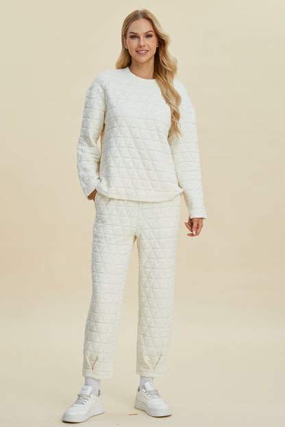 Double Take Full Size Texture Round Neck Long Sleeve Top and Pants Set