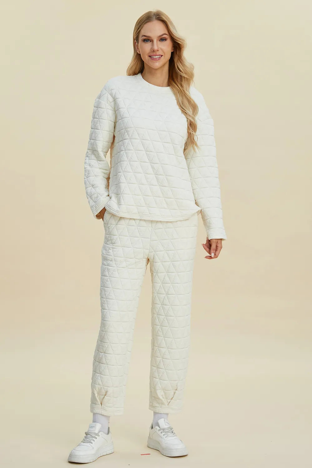 Double Take Full Size Texture Round Neck Long Sleeve Top and Pants Set Beige d0053c7d-f1b8-4222-a50e-490e8542a348-Max