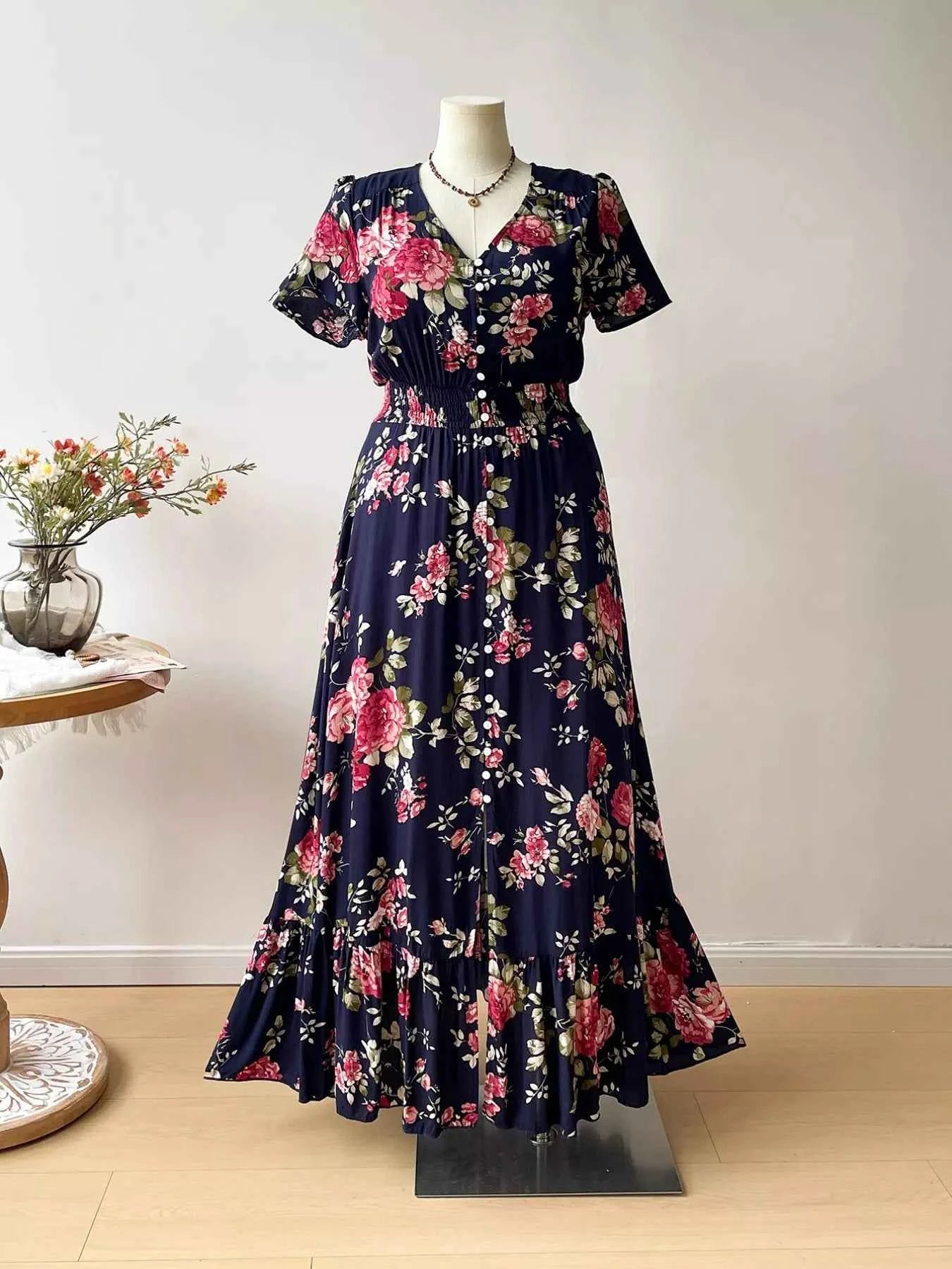 Plus Size Floral Print Short Sleeves V-Neck Dress Dark Blue d0075633-132a-45f2-bb01-355712cd24ef-Max-Origin