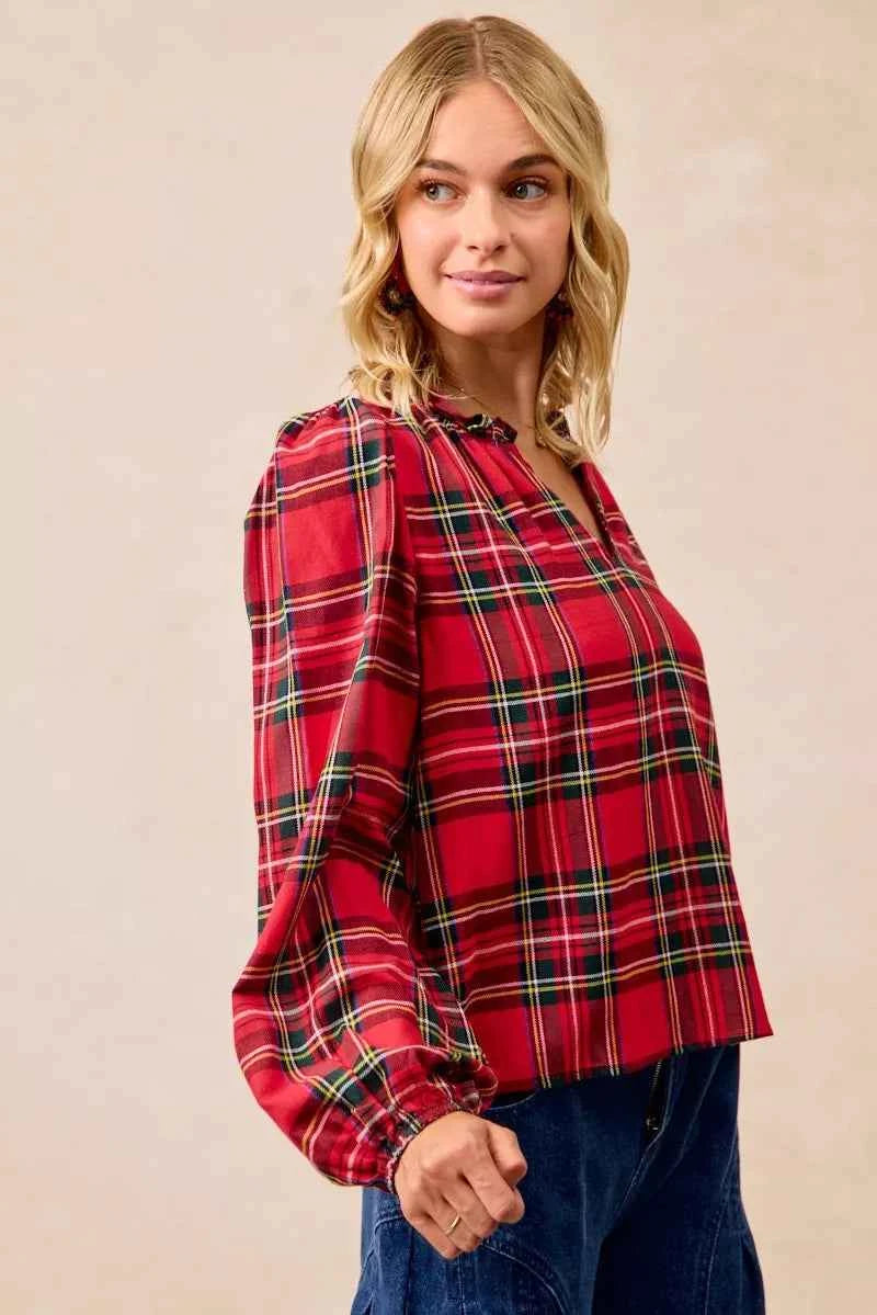 Christmas Plaid Balloon Sleeves Ruffled V-Neck Top d00d4ae89571402cad679b9f21459c0c-Max-Origin