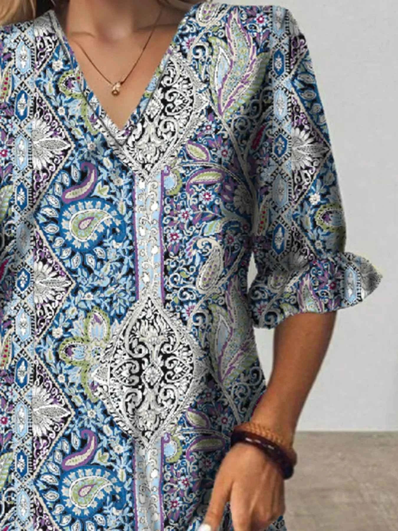 Full Size Bohemian Paisley Print V-Neck Midi Dress Plus Size