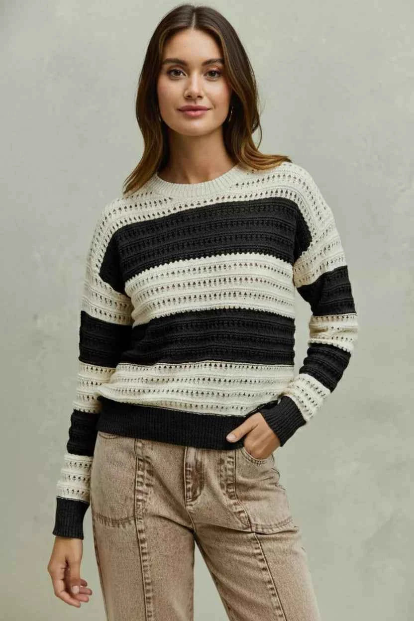 SO ME Openwork Round Neck Wide Stripe Textured Sweater d017ed8e-9950-4392-b0de-a615eb3ae759-Max-Origin