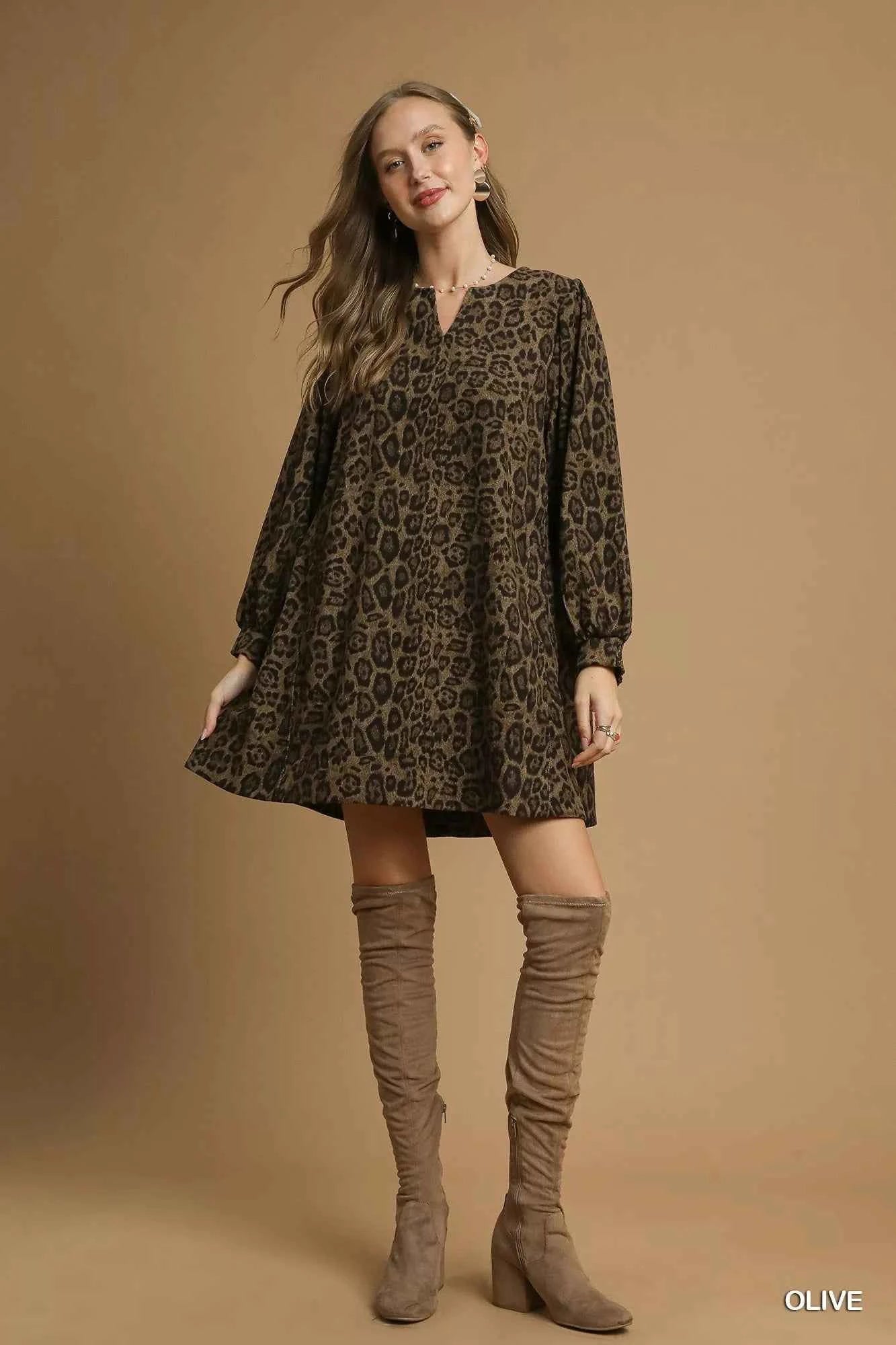 Umgee Leopard Print Long Sleeve Swing Dress d01c0bf1-a2bf-4bb3-850c-a0f0f05030d5-Max-Origin