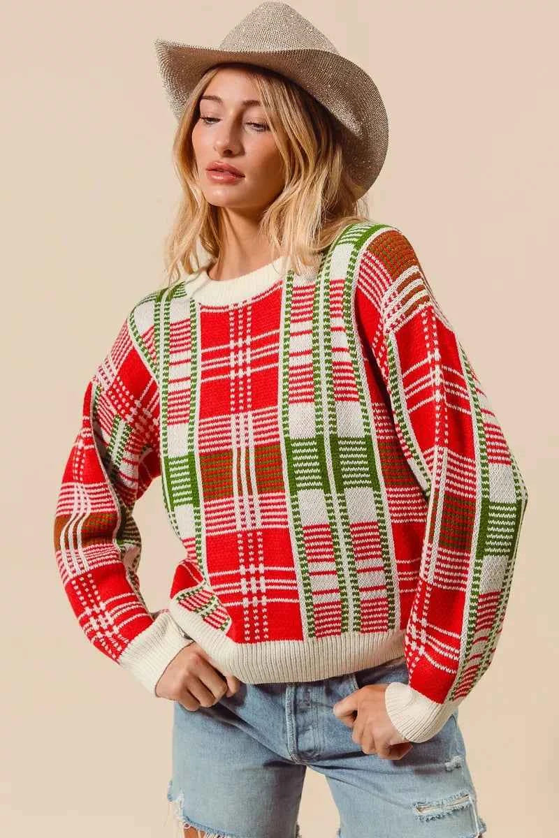 SO ME Christmas Color Checkered Plaid Crew Neck Sweater d01d0eefa96b42b6a822a6dba32f59c7-Max-Origin
