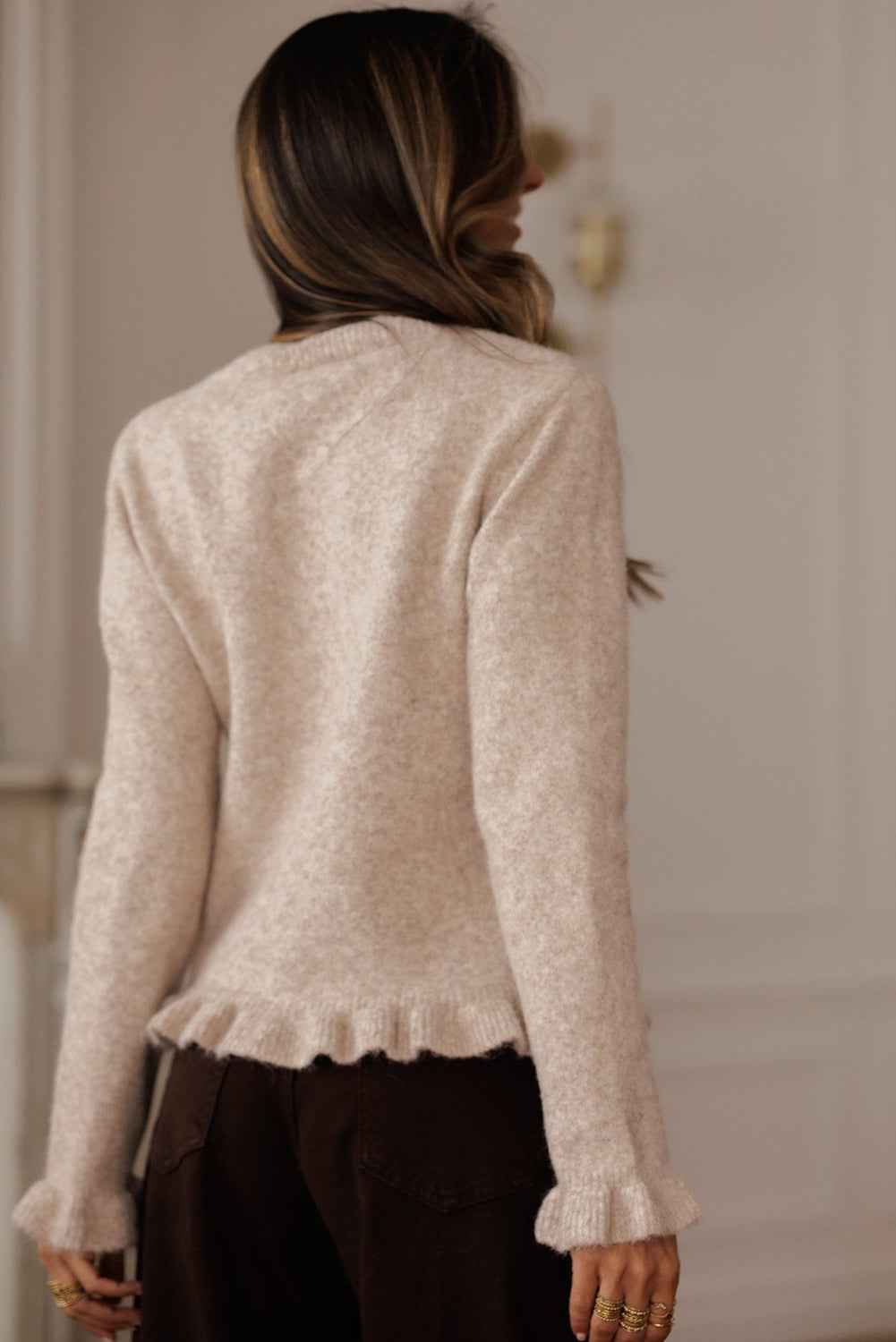Oatmeal Ruffle Trim Gold Button Sweater Cardigan d022b8a102eaceb0