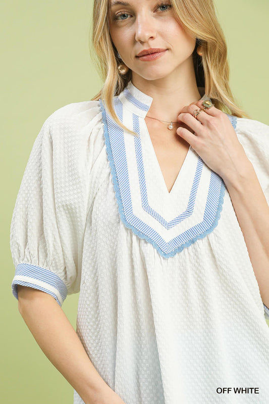 Textured Jacquard Contrast Trim Top d02463fe-467f-4514-bc0e-b8021ca194be-Max