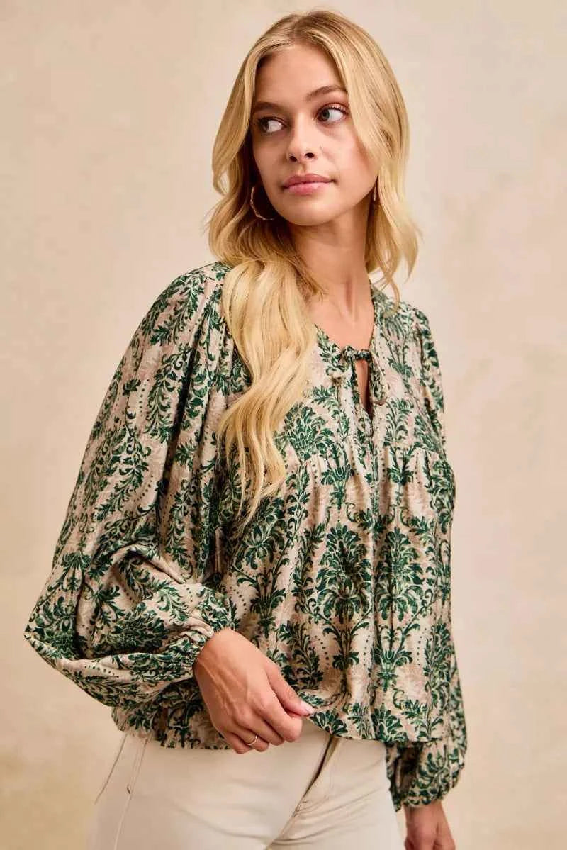 BiBi Printed Woven Front Tied Blouse with Baloon Sleeve d026ad26f19549f8afb94410de0a92c3-Max-Origin