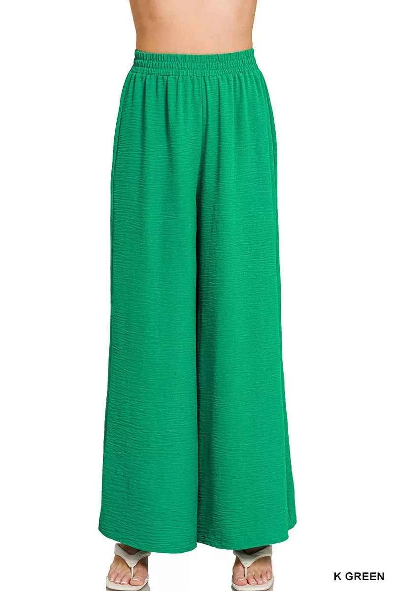 Zenana Woven Airflow Elastic Waistband Pants K GREEN d026f9758120459f95f98beee1a2685d-Max-Origin