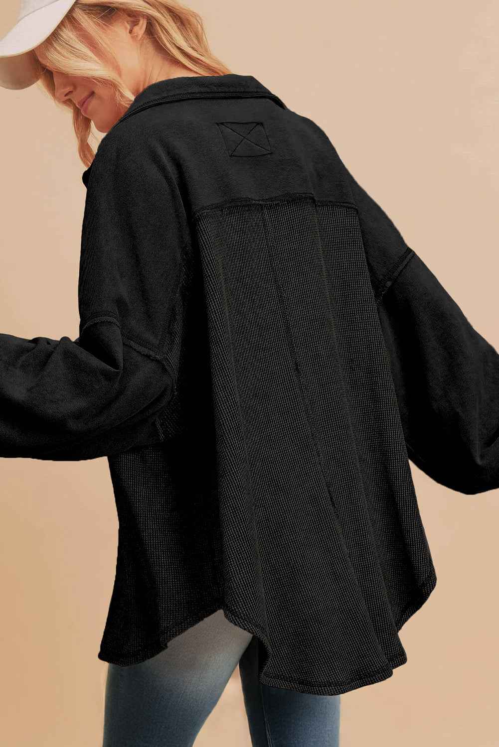 Black Waffle Knit Patchwork Exposed Seam Loose Shacket d02c2231ae6c19a7