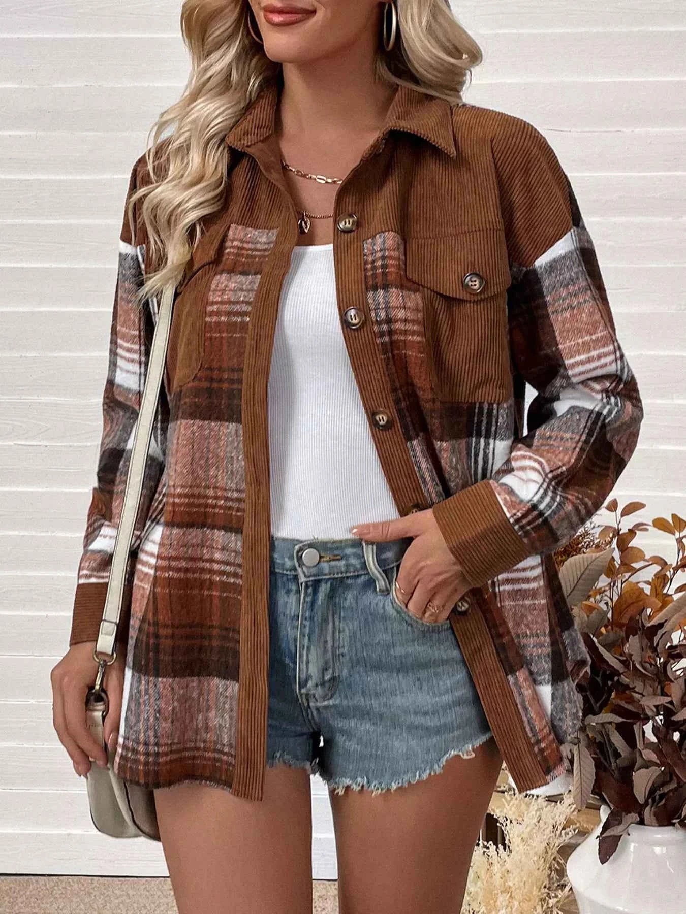 Plaid Button-Up Shacket with Chest Pockets d02c8f7829324bf58a36e688e4e775b0-Max-Origin