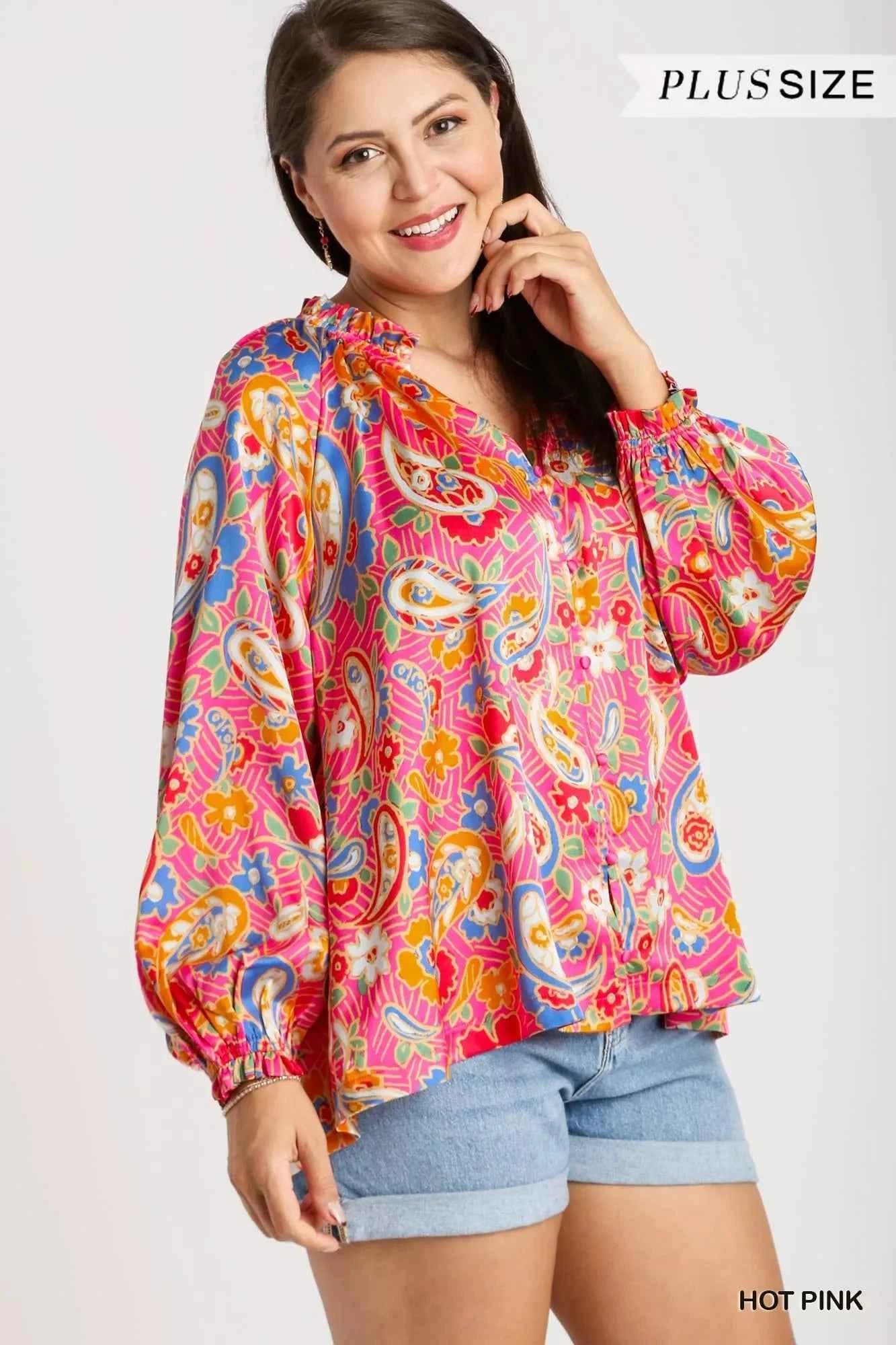 Umgee Full Size Satin Paisley Ruffle Neck Button-Up Shirt Plus Size d0343ed6-87df-4ab9-bcad-81a809f3aa44-Max-Origin
