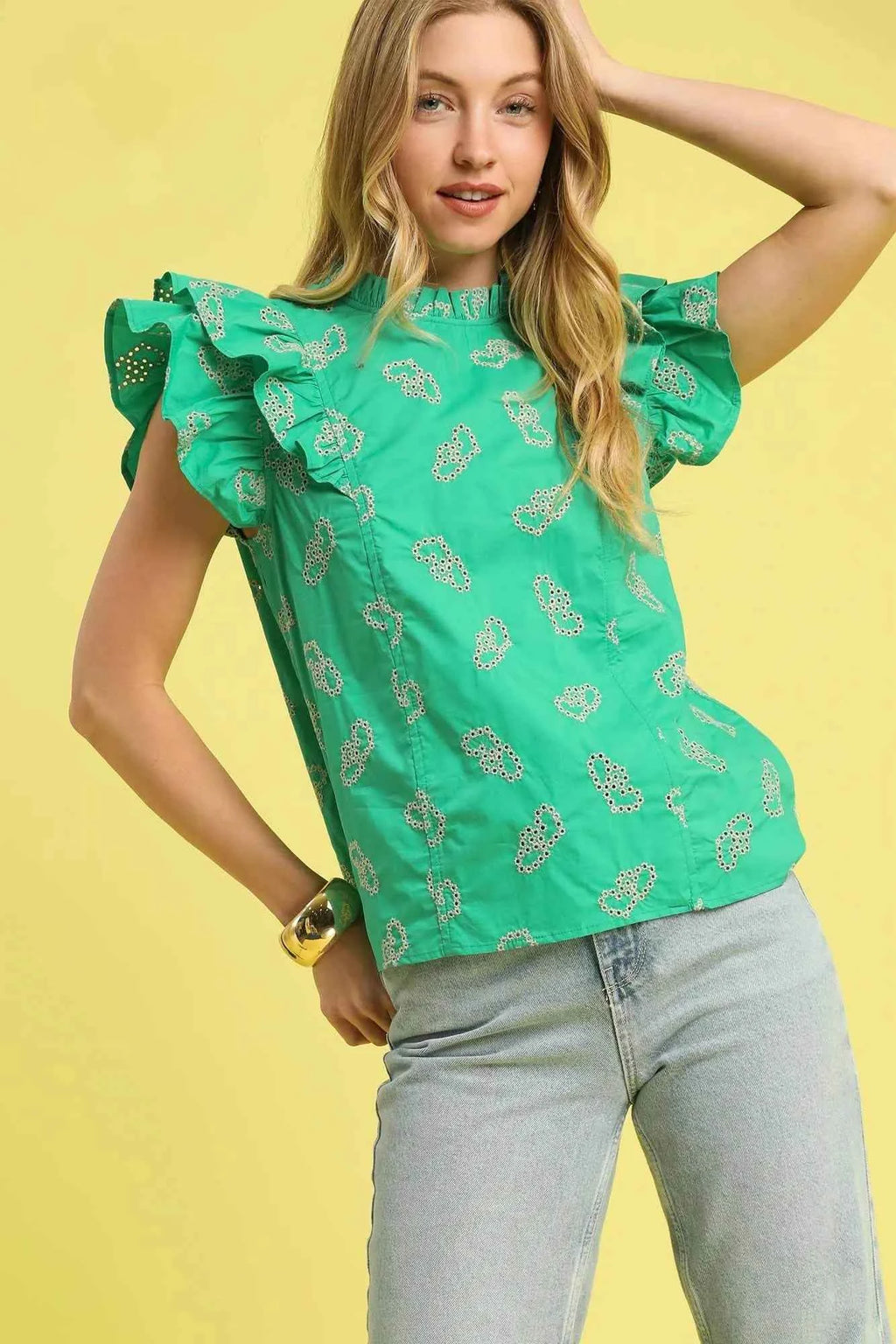 Umgee Eyelet Ruffle Cap Sleeve Blouse Green d034528e-9183-42ad-bf65-11c4f7c29e51-Max-Origin