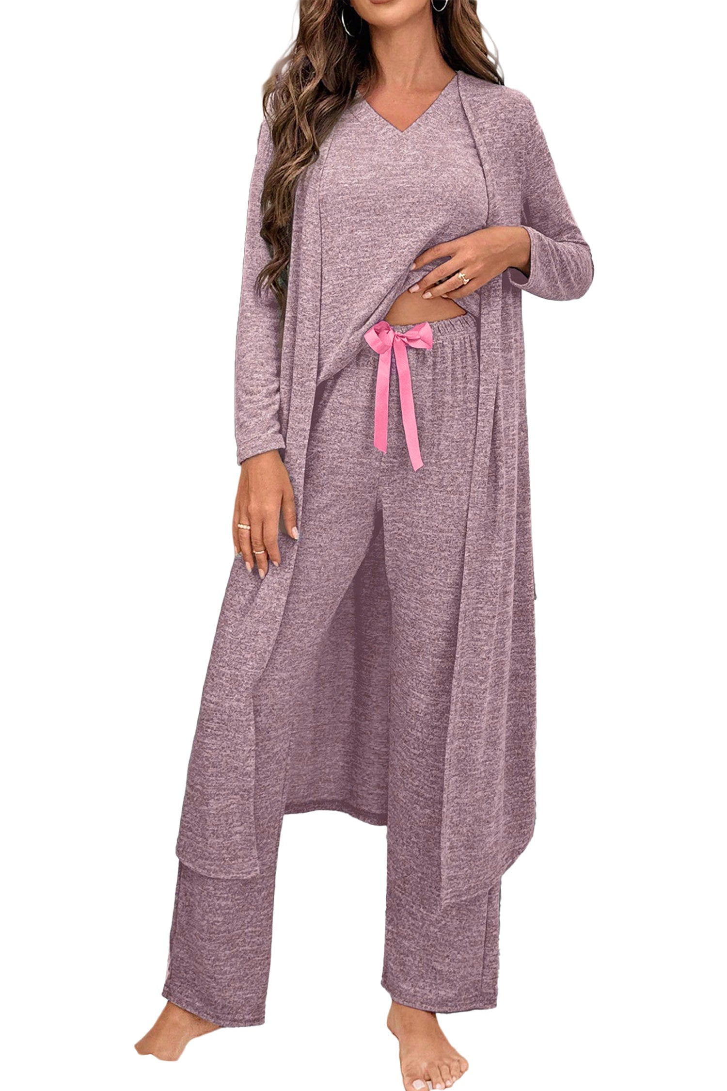 Dark Grey 3pcs V Neck T Shirt Ribbon Knot Pants Open Duster 3pcs Lounge Set d03638cbaaf635ea