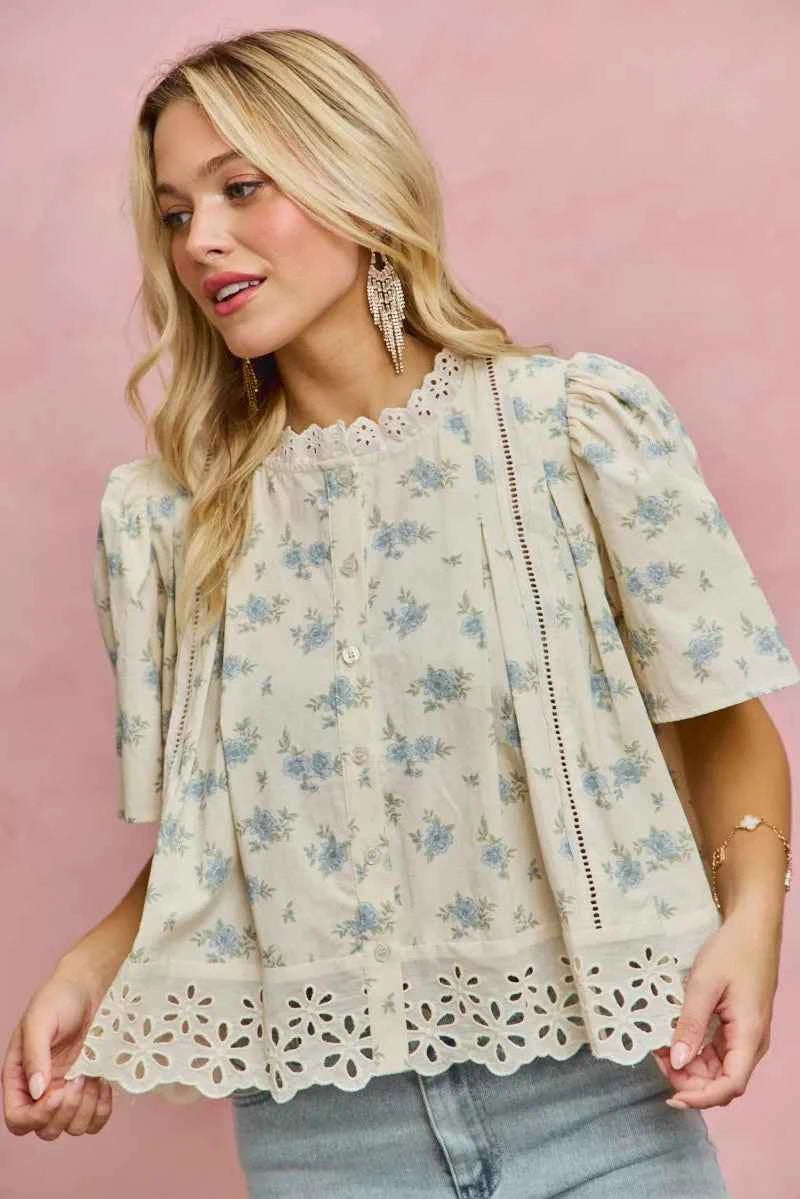 SO ME Floral Print Lace Trim Flutter Sleeves Blouse d0365549-7bcc-492c-85a6-c96ac83a97eb-Max-Origin