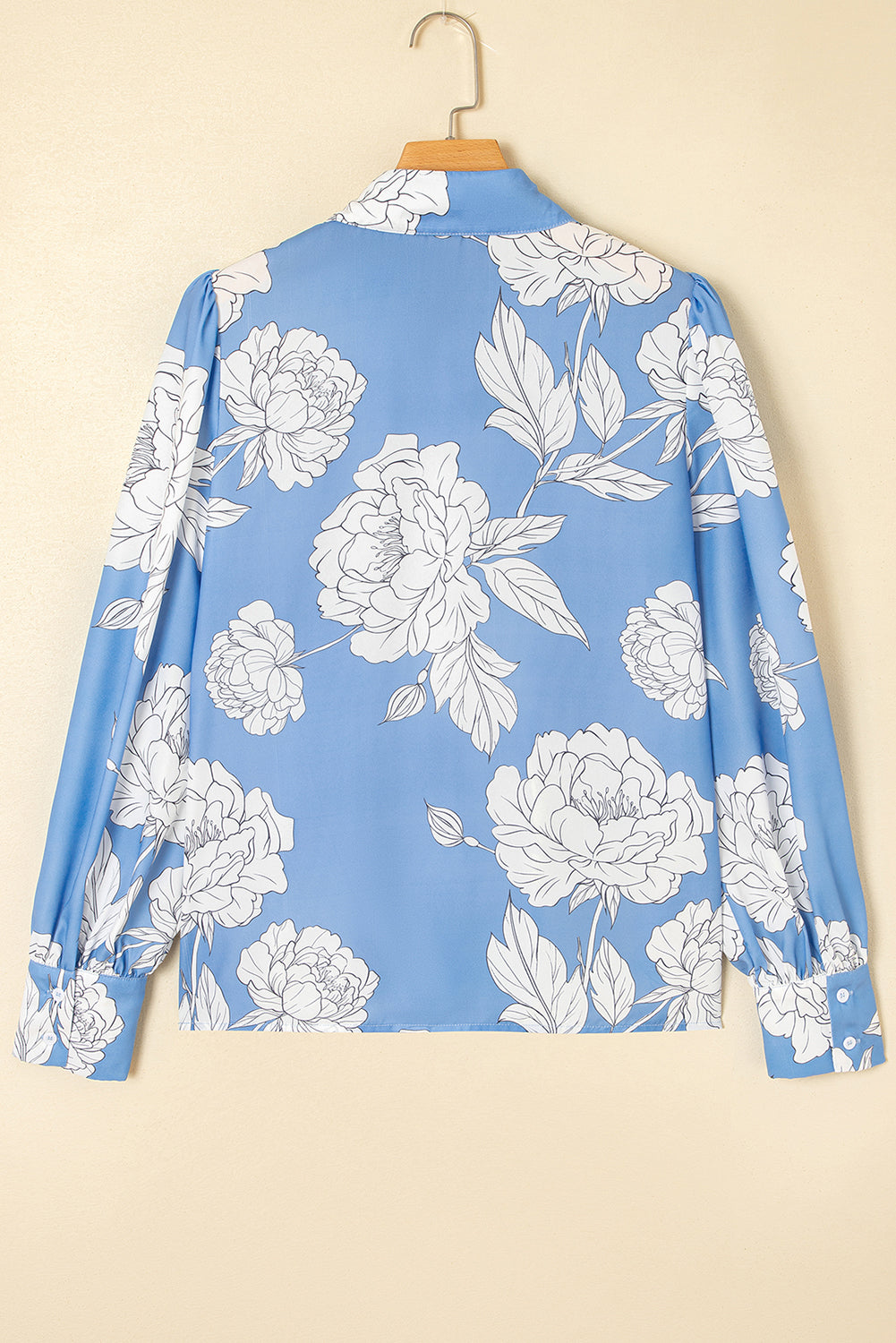 Sky Blue Floral Print Pleated Puff Sleeve Shirt d036914e45035b03