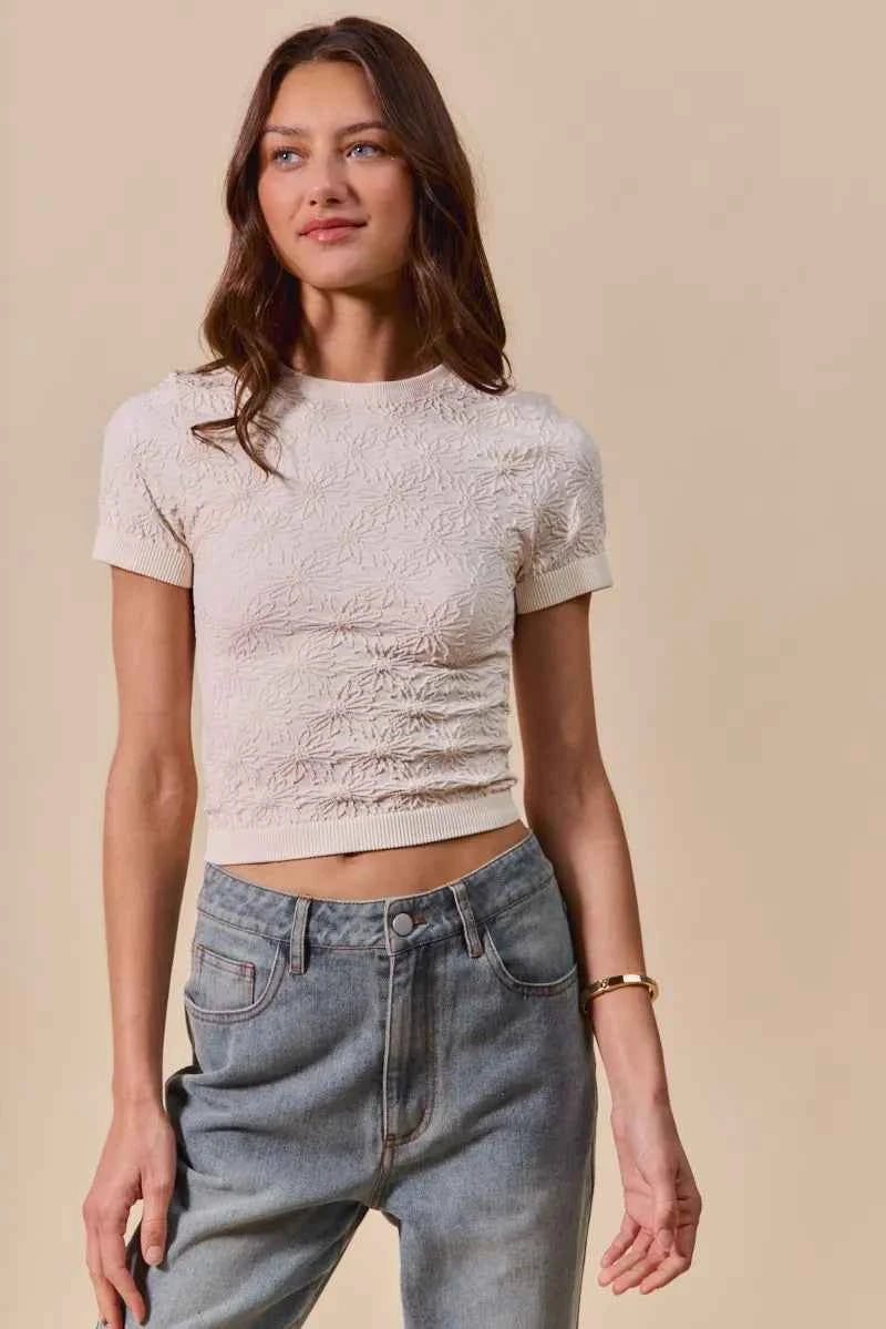 Floral Patterned Seamless Short Sleeve Top d03a3032599746d1929922f1a3865dfd-Max-Origin