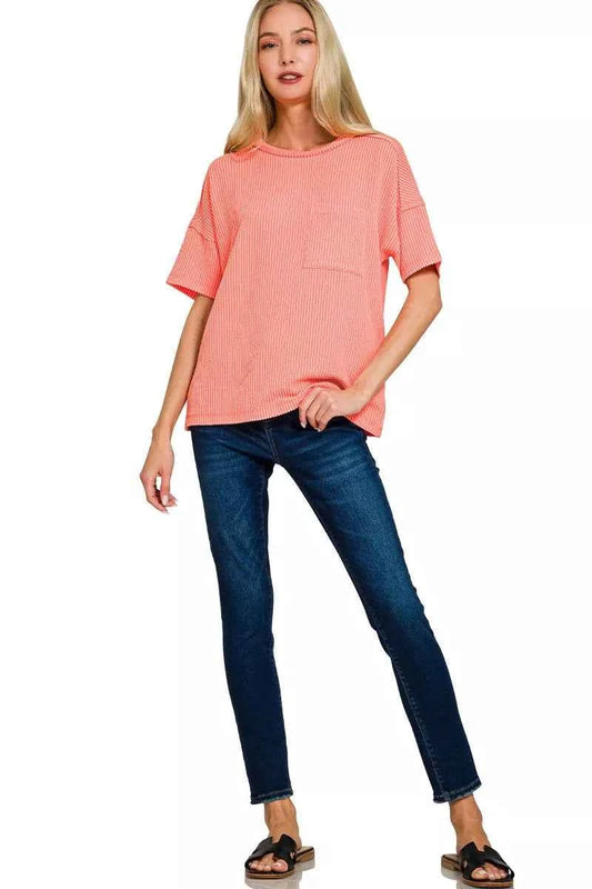 Raised Rib Exposed Seam Short Sleeve Top d03afe427f0c44c59dfda3bfd1ab4a66-Max-Origin